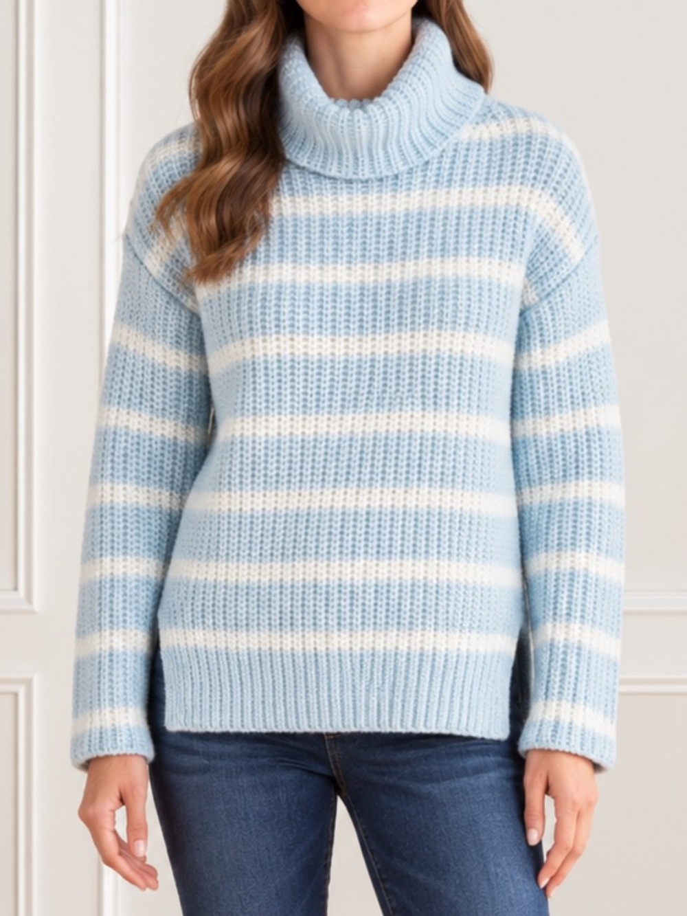 NWT Caslon Turtleneck Sweater Sz Large Blue Ivory Stripe Shaker Knit Wool Blend